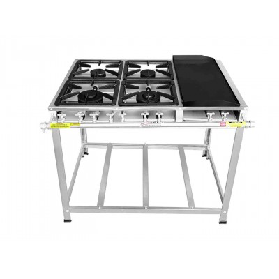 Fogão Industrial Inox 4 Bocas chapa Baixa Pressão Ferro Fundido