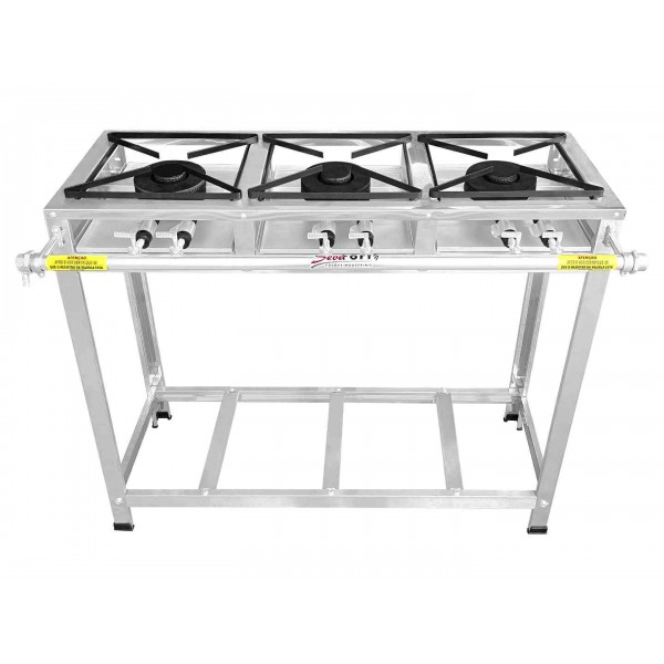 Fogão Industrial Inox 3 Bocas Baixa Pressão queimador duplo